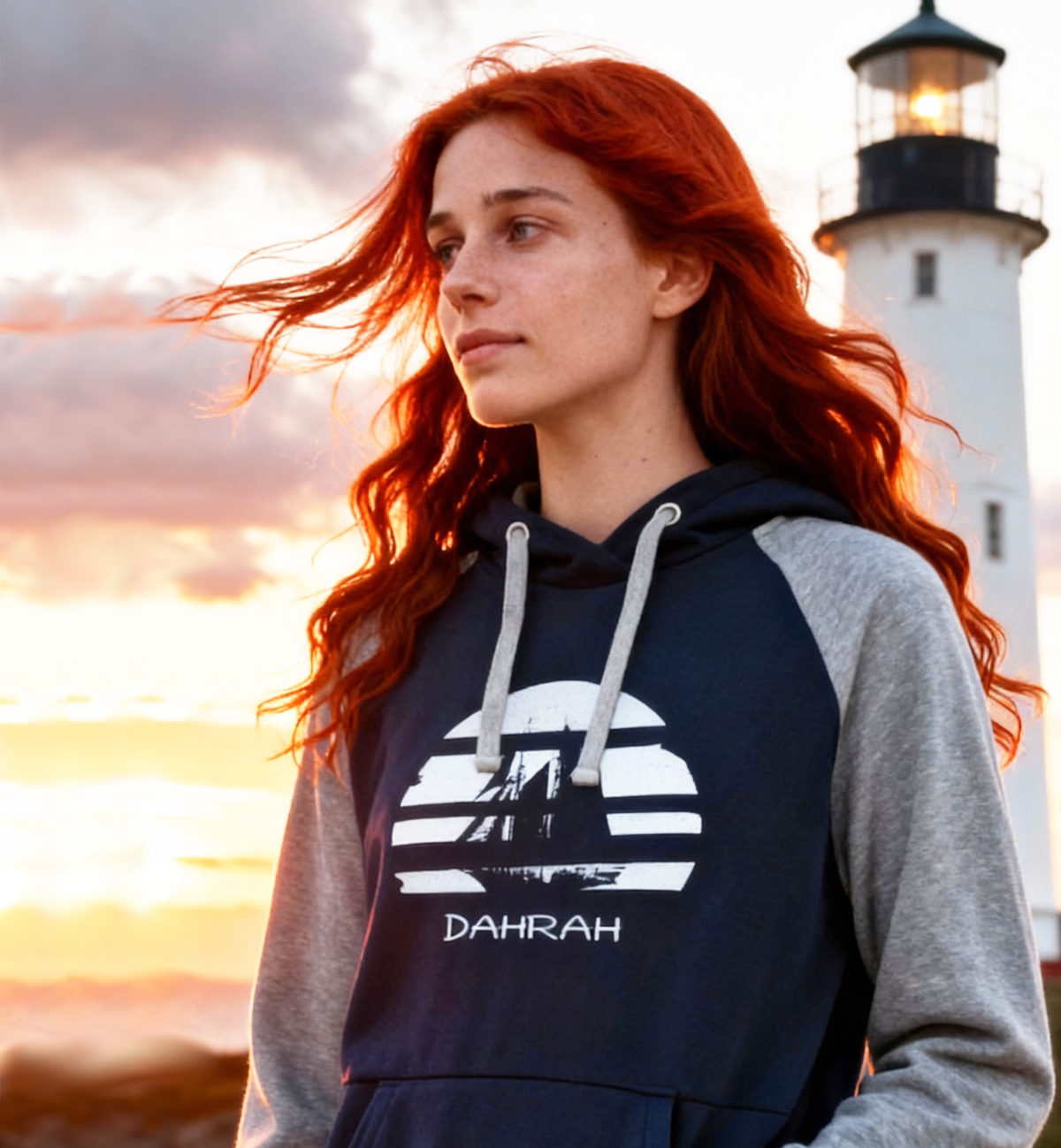Sailing hoodie by Dahrah with print of Flying Dutchman sailboat, in grey and navy colors and raglan sleeves. Great style for sailing, skippers and crews.