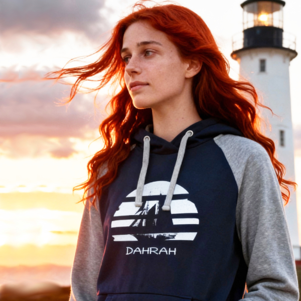 Sailing hoodie by Dahrah with print of Flying Dutchman sailboat, in grey and navy colors and raglan sleeves. Great style for sailing, skippers and crews.