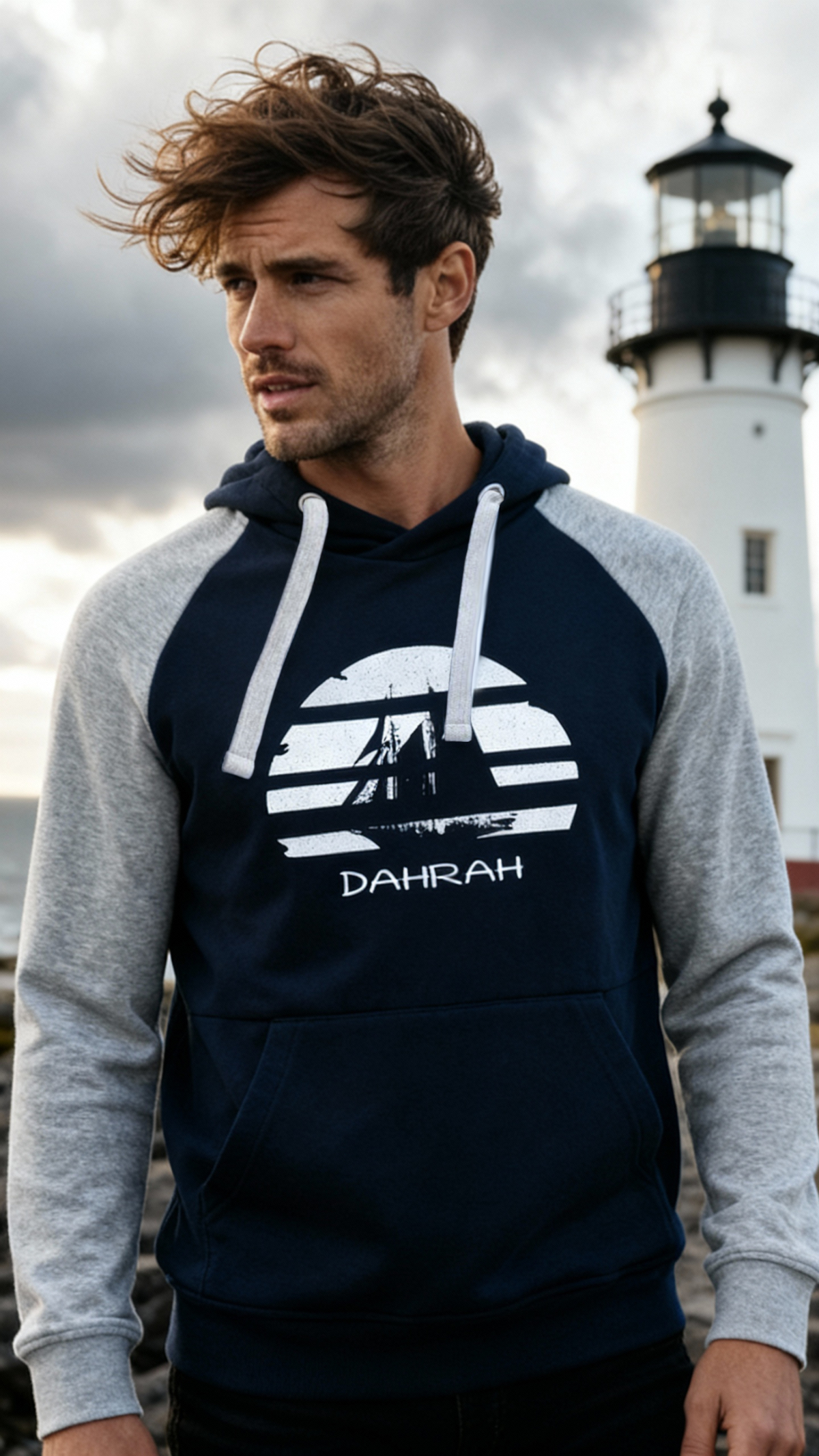Sailing hoodie by Dahrah with print of Flying Dutchman sailboat, in grey and navy colors and raglan sleeves. Great style for sailing, skippers and crews.