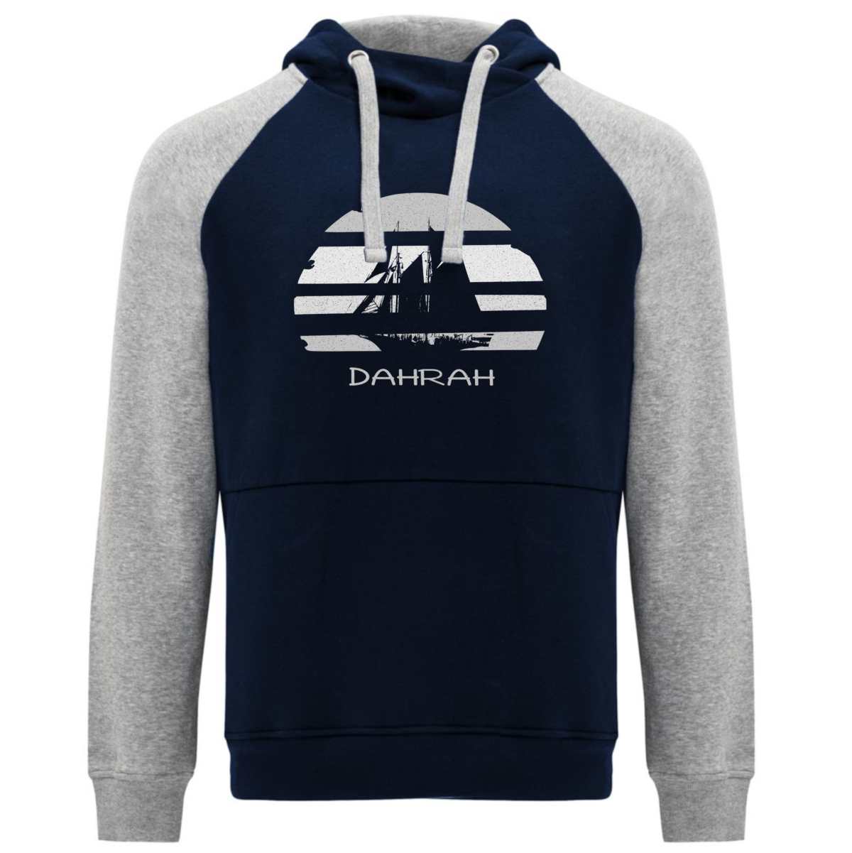 Sailing hoodie by Dahrah with print of Flying Dutchman sailboat, in grey and navy colors and raglan sleeves. Great style for sailing, skippers and crews.
