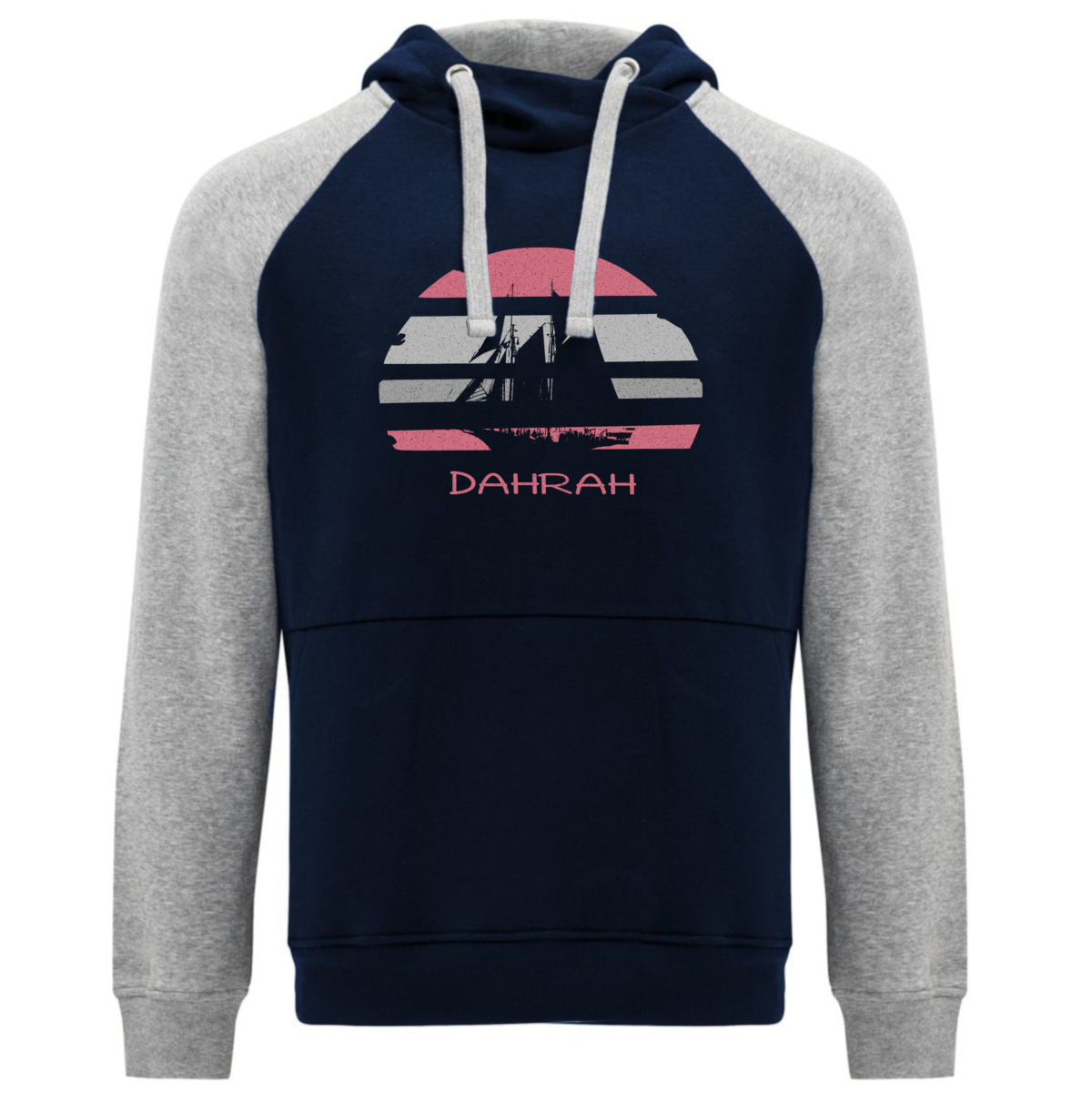 Sailing hoodie by Dahrah with print of Flying Dutchman sailboat, in grey and navy colors and raglan sleeves. Great style for sailing, skippers and crews.