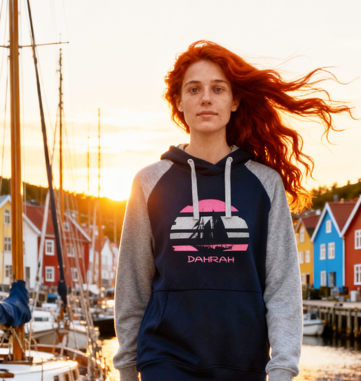 Sailing hoodie by Dahrah with print of Flying Dutchman sailboat, in grey and navy colors and raglan sleeves. Great style for sailing, skippers and crews.