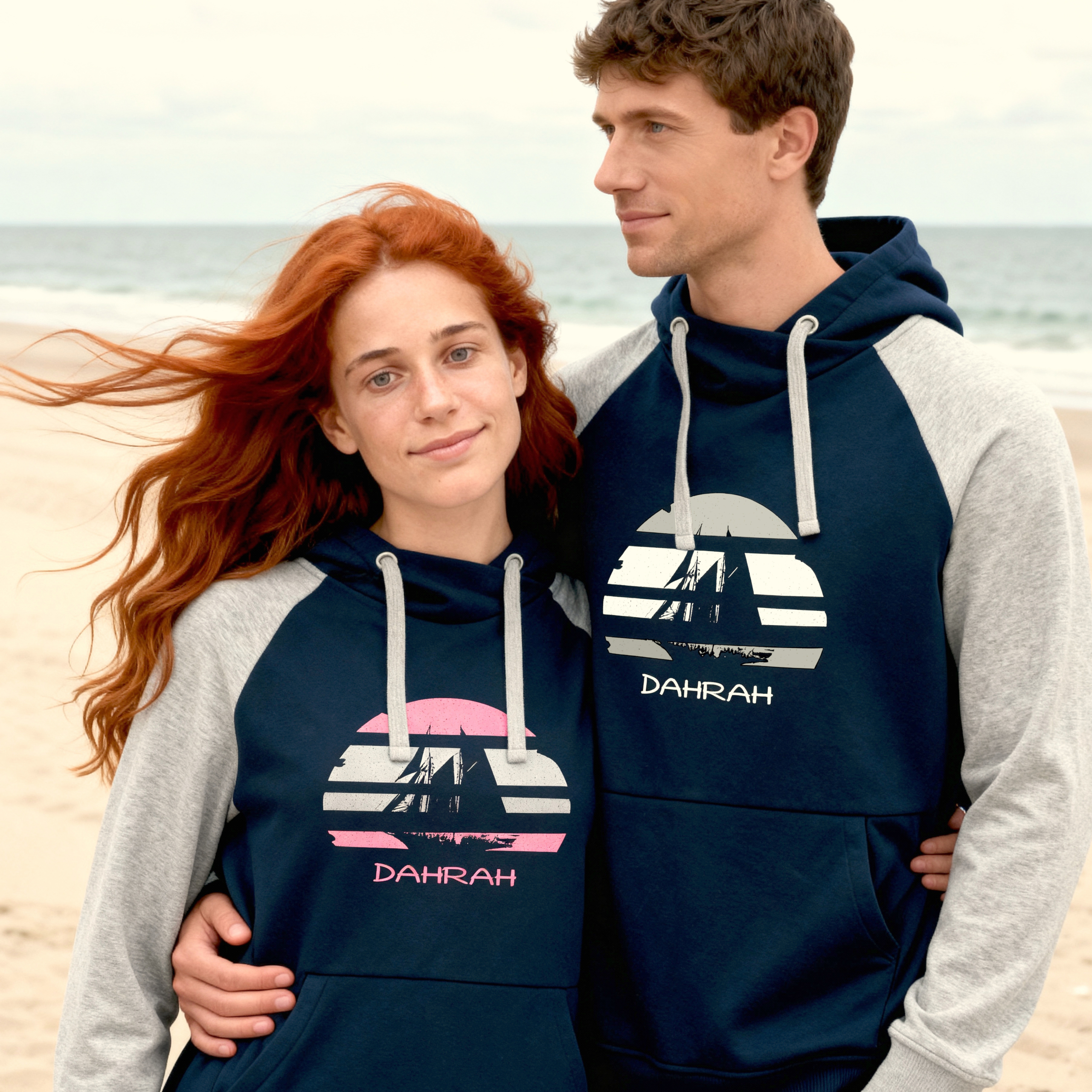 Sailing hoodie by Dahrah with print of Flying Dutchman sailboat, in grey and navy colors and raglan sleeves. Great style for sailing, skippers and crews.