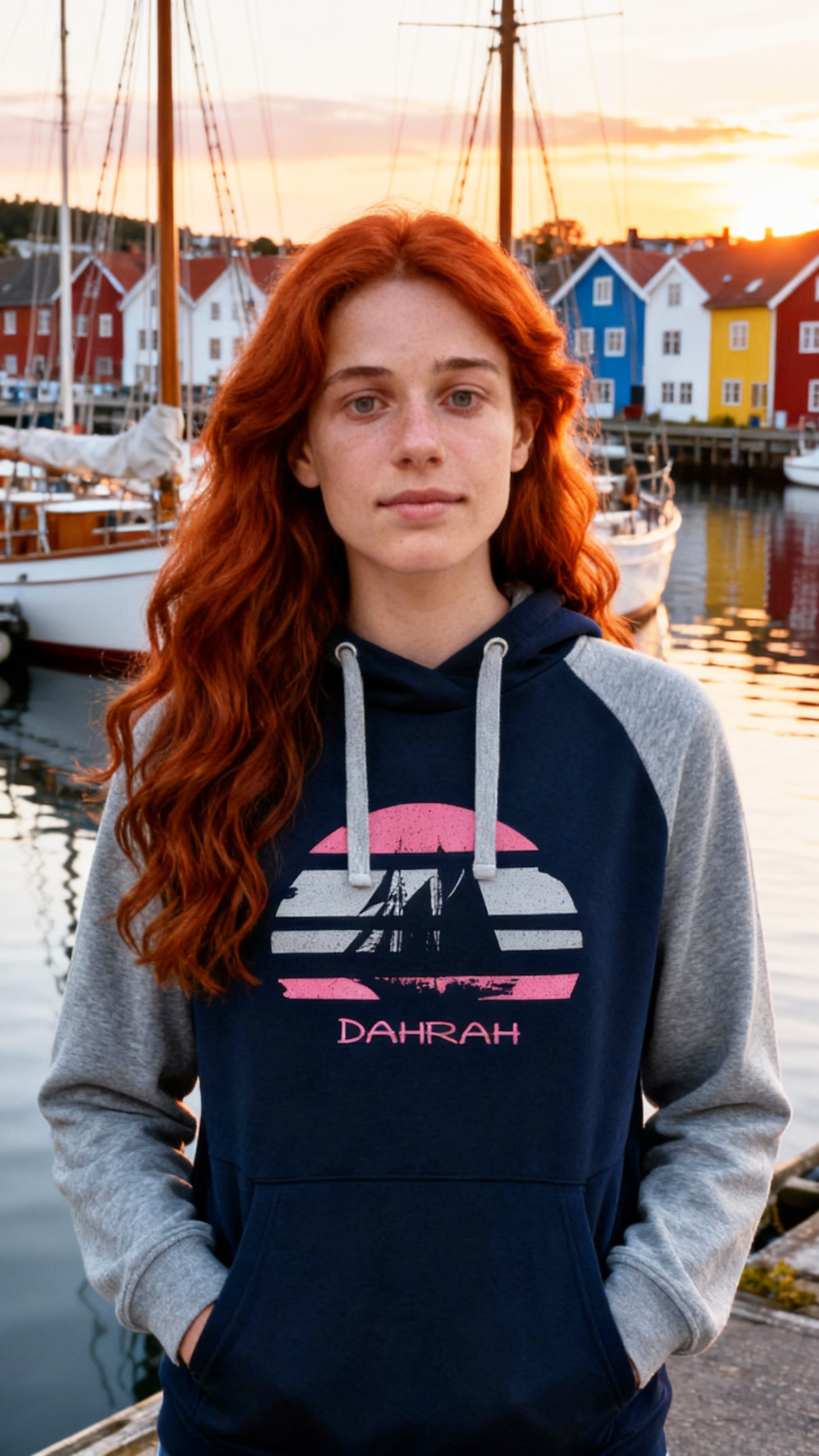 Sailing hoodie by Dahrah with print of Flying Dutchman sailboat, in grey and navy colors and raglan sleeves. Great style for sailing, skippers and crews.