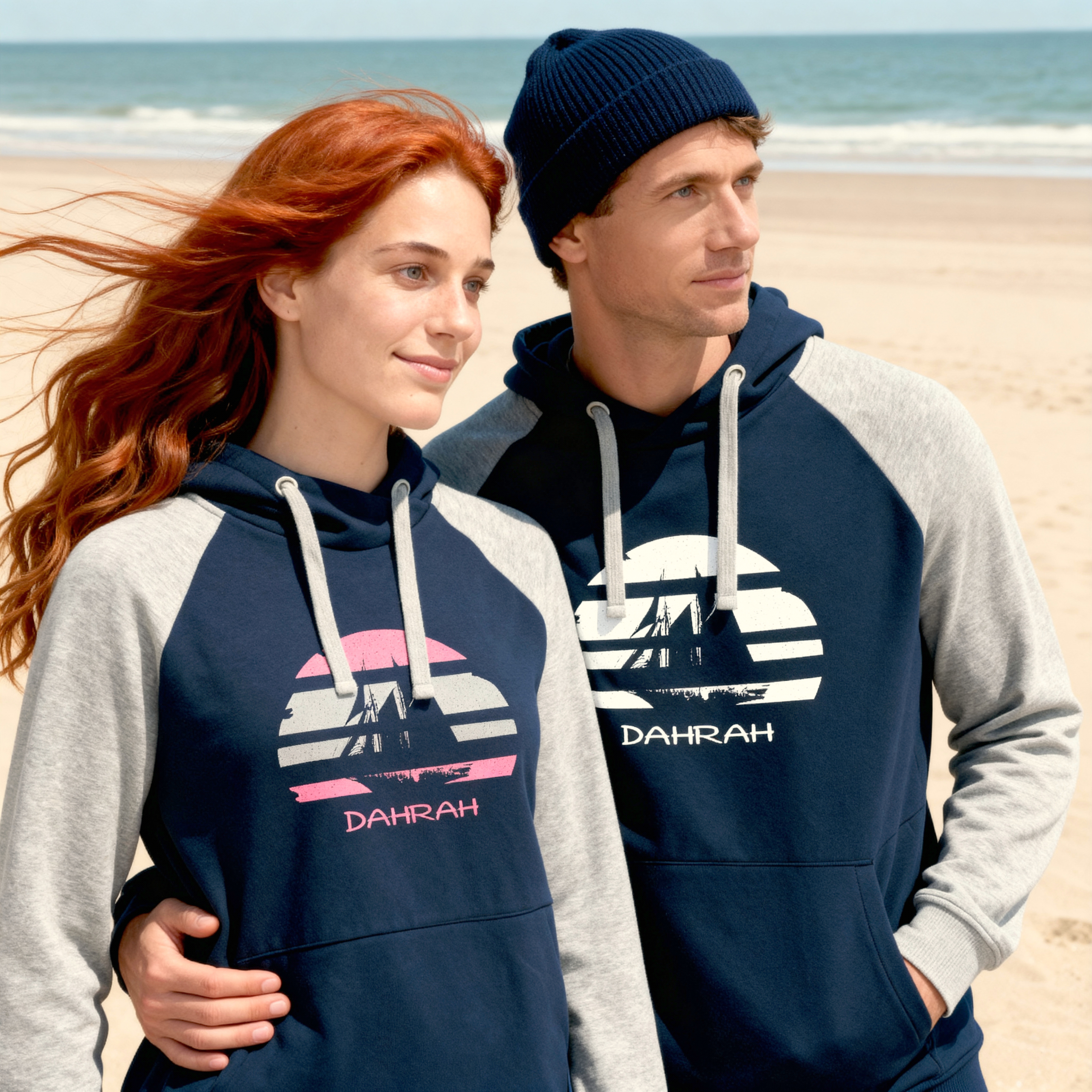 Sailing hoodie by Dahrah with print of Flying Dutchman sailboat, in grey and navy colors and raglan sleeves. Great style for sailing, skippers and crews.