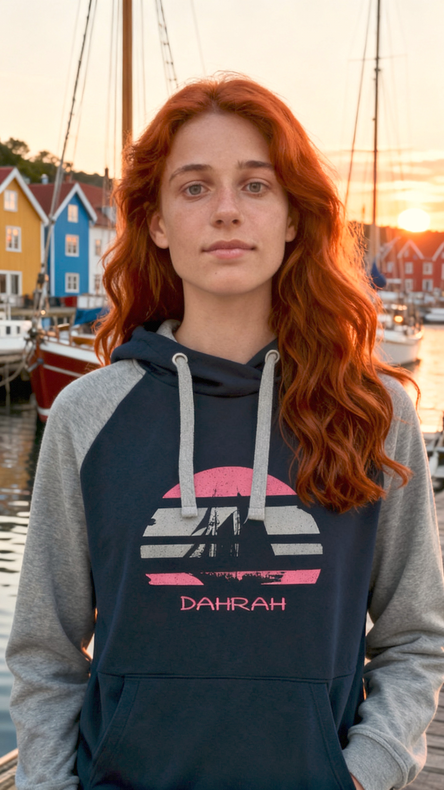 Sailing hoodie by Dahrah with print of Flying Dutchman sailboat, in grey and navy colors and raglan sleeves. Great style for sailing, skippers and crews.