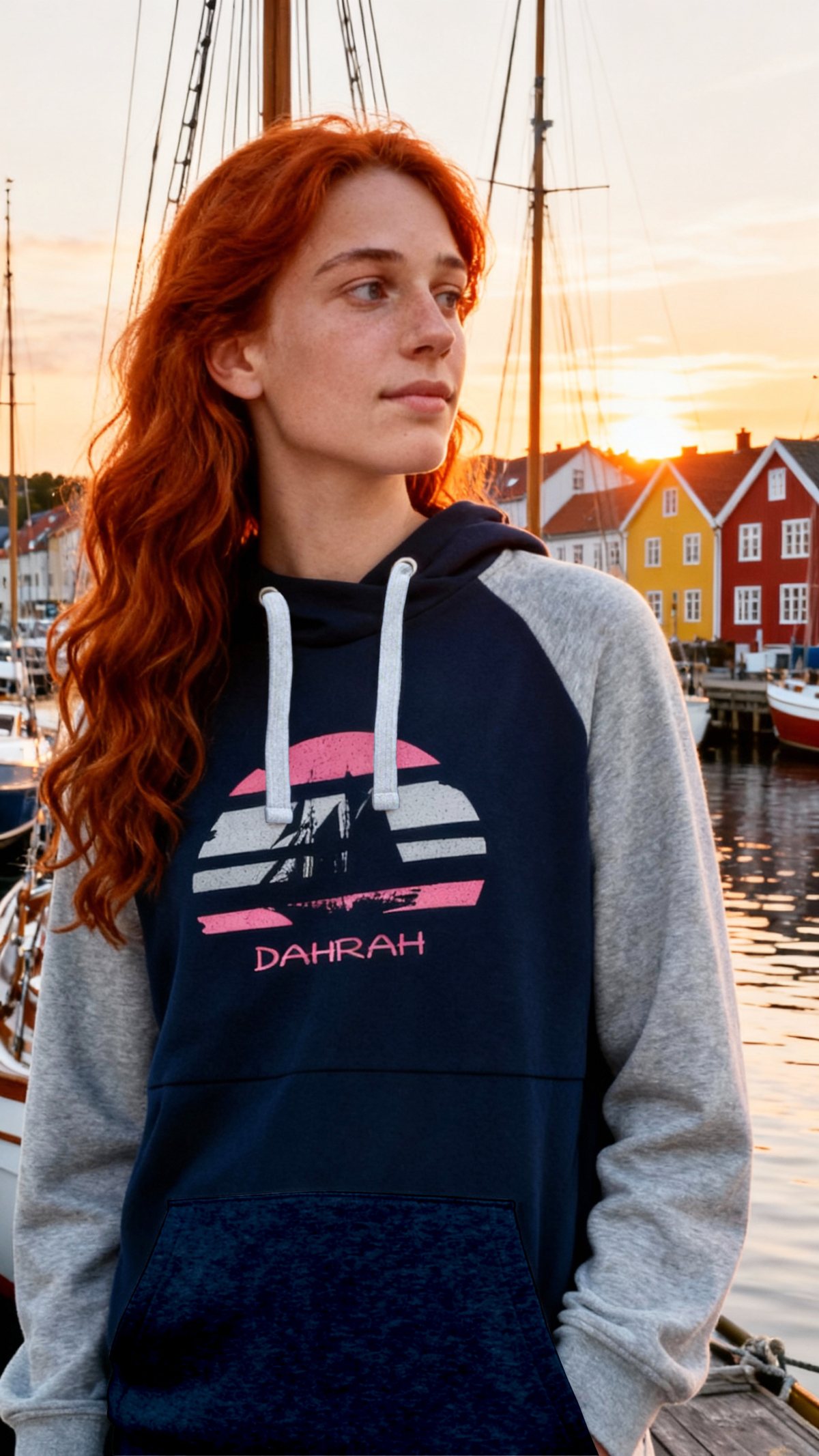 Sailing hoodie by Dahrah with print of Flying Dutchman sailboat, in grey and navy colors and raglan sleeves. Great style for sailing, skippers and crews.