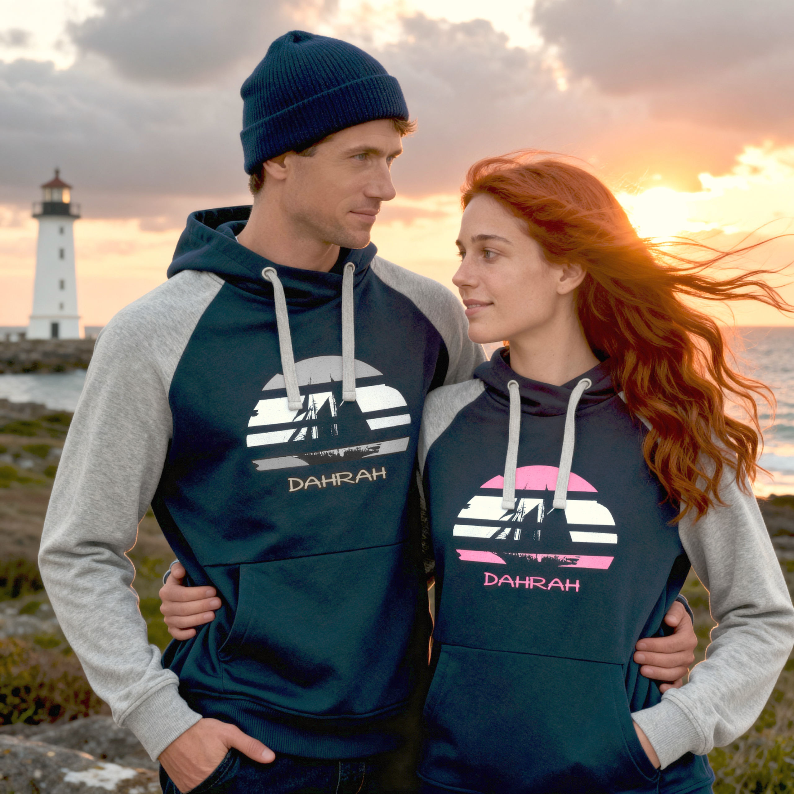 Sailing hoodie by Dahrah with print of Flying Dutchman sailboat, in grey and navy colors and raglan sleeves. Great style for sailing, skippers and crews.