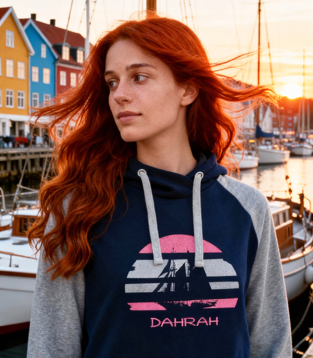 Sailing hoodie by Dahrah with print of Flying Dutchman sailboat, in grey and navy colors and raglan sleeves. Great style for sailing, skippers and crews.