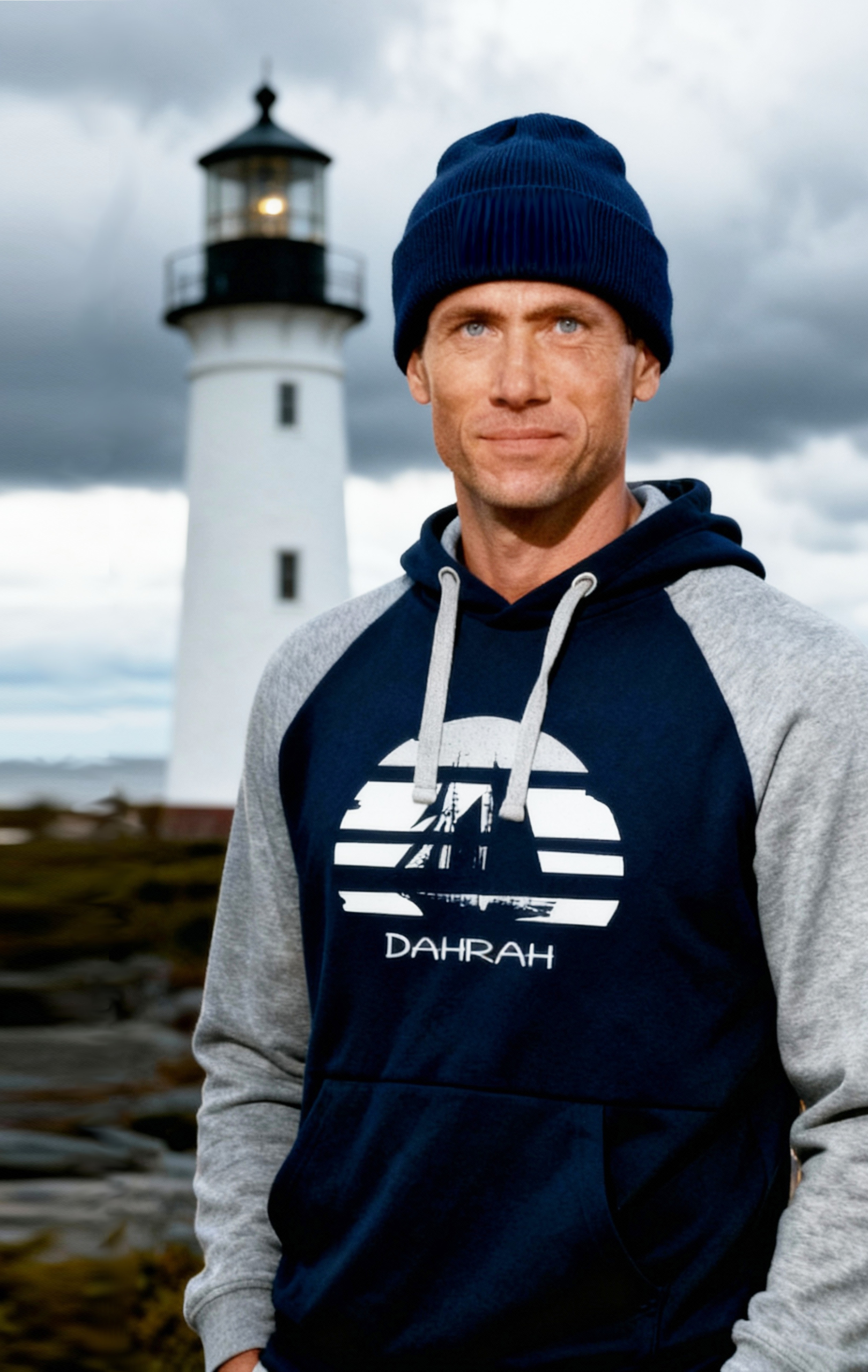 Sailing hoodie by Dahrah with print of Flying Dutchman sailboat, in grey and navy colors and raglan sleeves. Great style for sailing, skippers and crews.