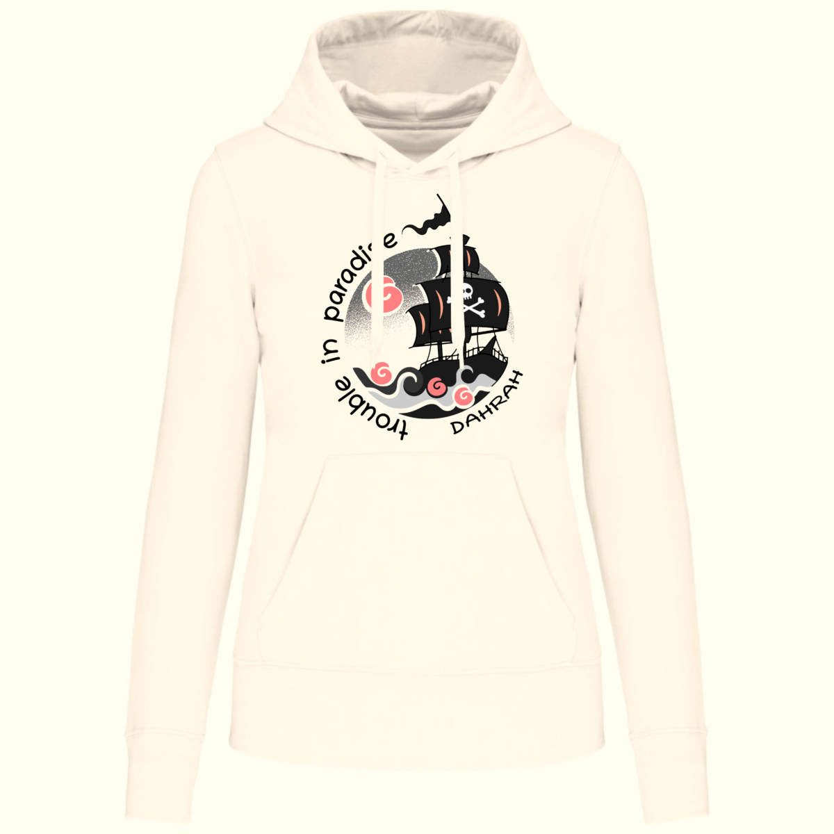 Dahrah organic sailing and surfing hoodie with print of pirate ship