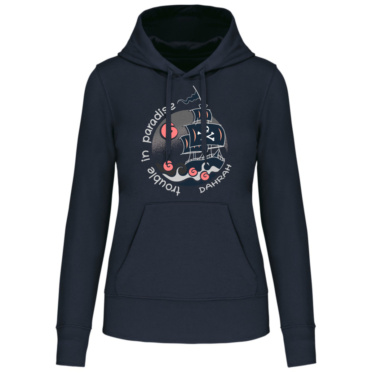 Dahrah organic sailing and surfing hoodie with print of pirate ship
