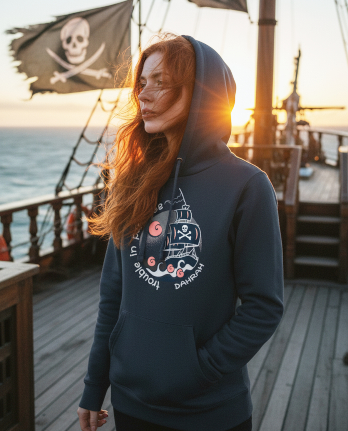 Dahrah organic sailing and surfing hoodie with print of pirate ship