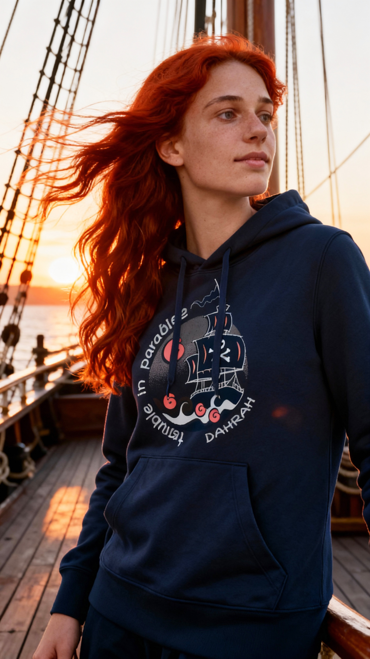 Dahrah organic sailing and surfing hoodie with print of pirate ship