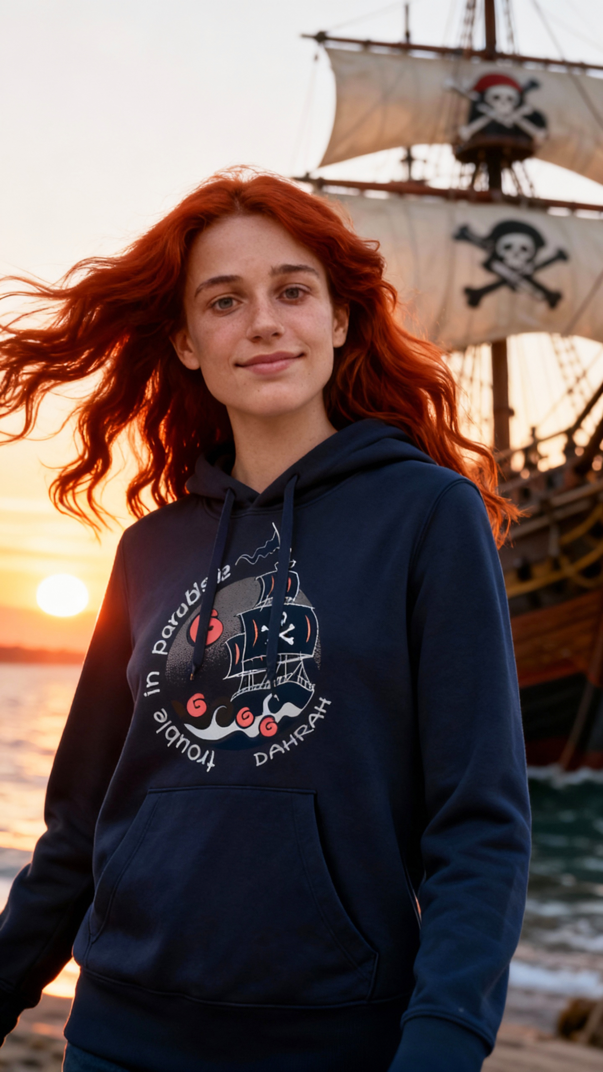 Dahrah organic sailing and surfing hoodie with print of pirate ship