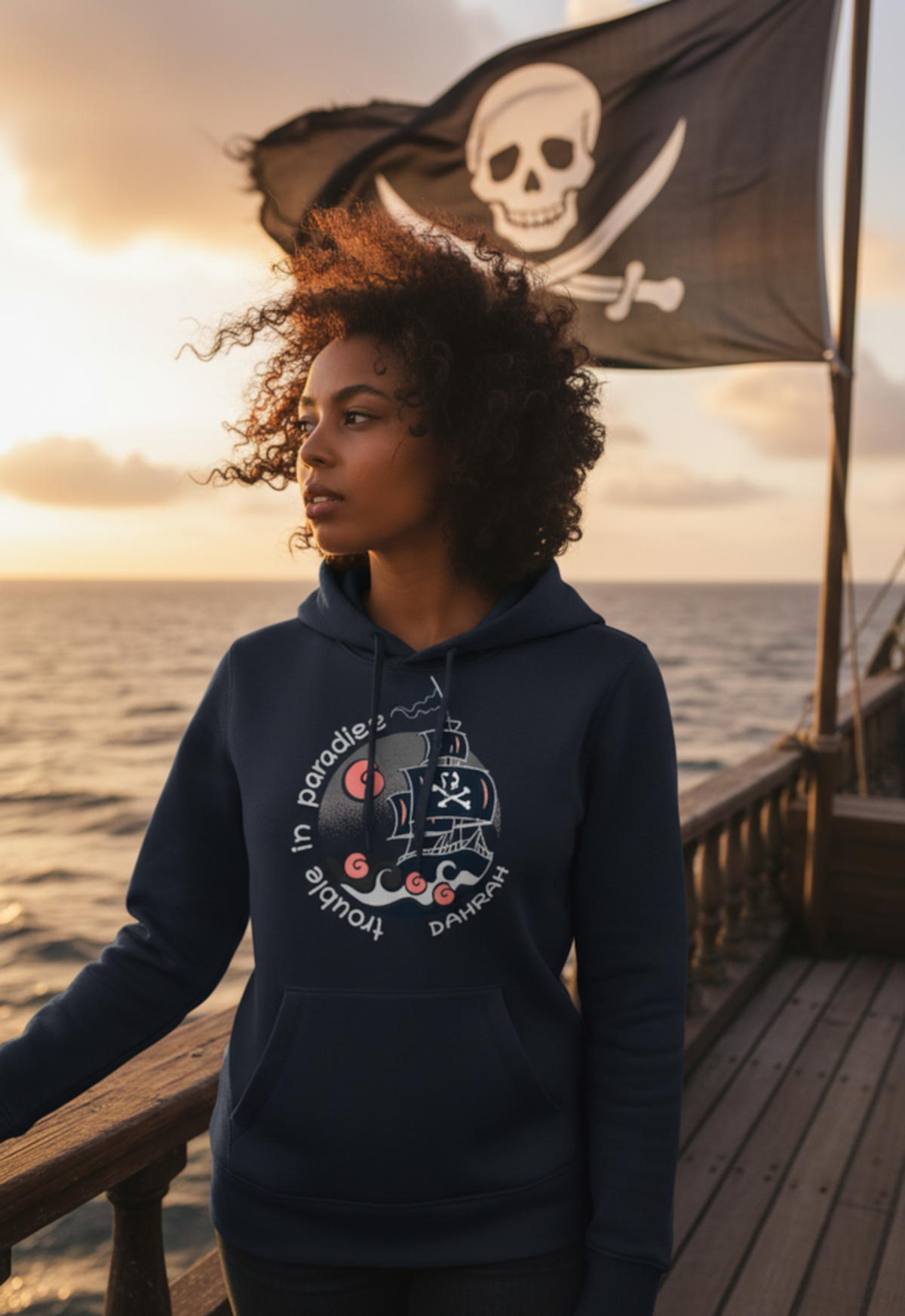 Dahrah organic sailing and surfing hoodie with print of pirate ship