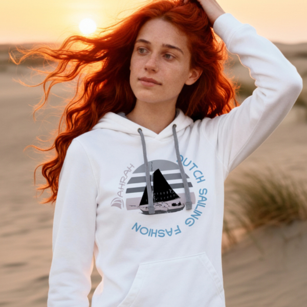 Unisex sailing hoodie with print of a Dutch traditional sailboat.
