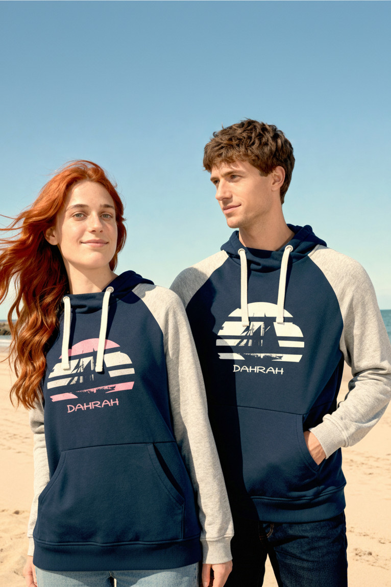 Sailing hoodie by Dahrah with print of Flying Dutchman sailboat, in grey and navy colors and raglan sleeves. Great style for sailing, skippers and crews.