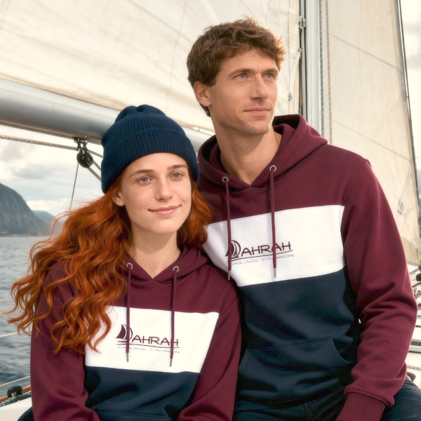 Unisex sailing hoodie with sailboat logo in three colors, nautical style, by Dahrah.