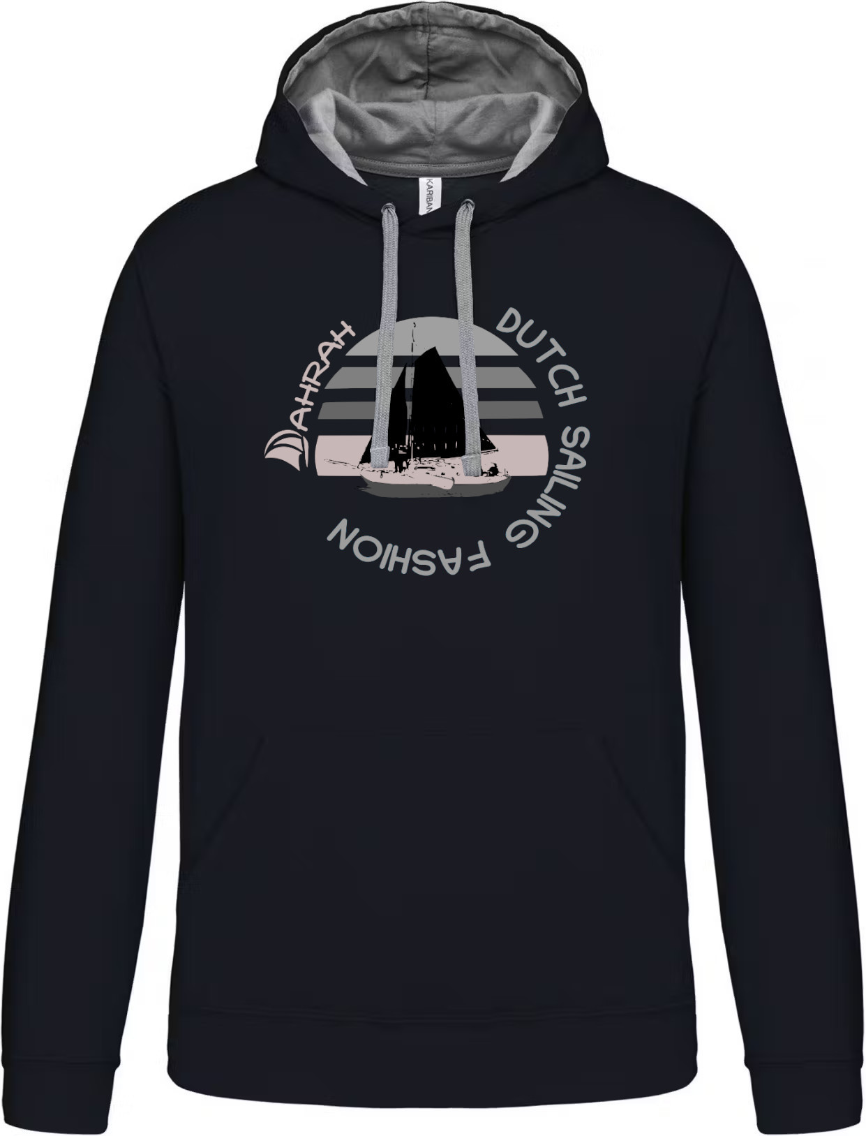 Unisex sailing hoodie with print of a Dutch traditional sailboat.