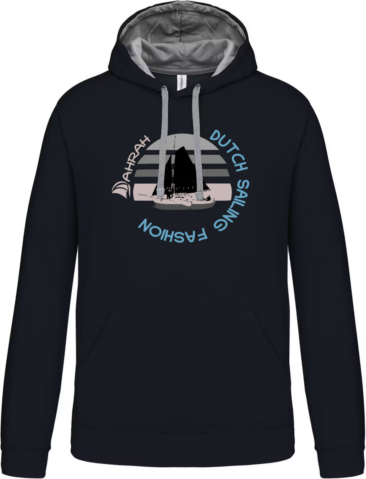 Unisex sailing hoodie with print of a Dutch traditional sailboat.