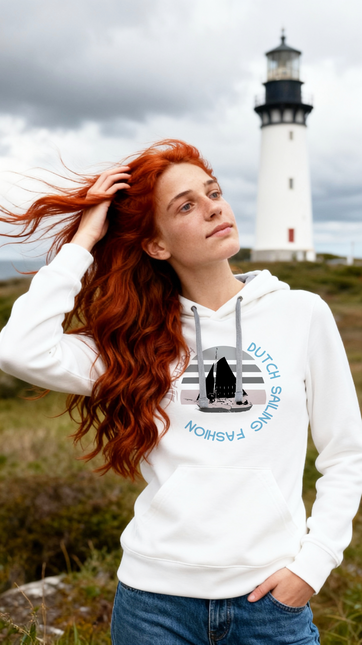 Unisex sailing hoodie with print of a Dutch traditional sailboat.