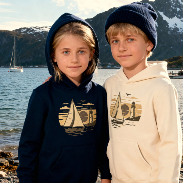 Sailing hoodie for children with vintage of sailboat and lighthouse, by Dahrah Sailing Fashion. Creative organic designs for adventurous sailing children.