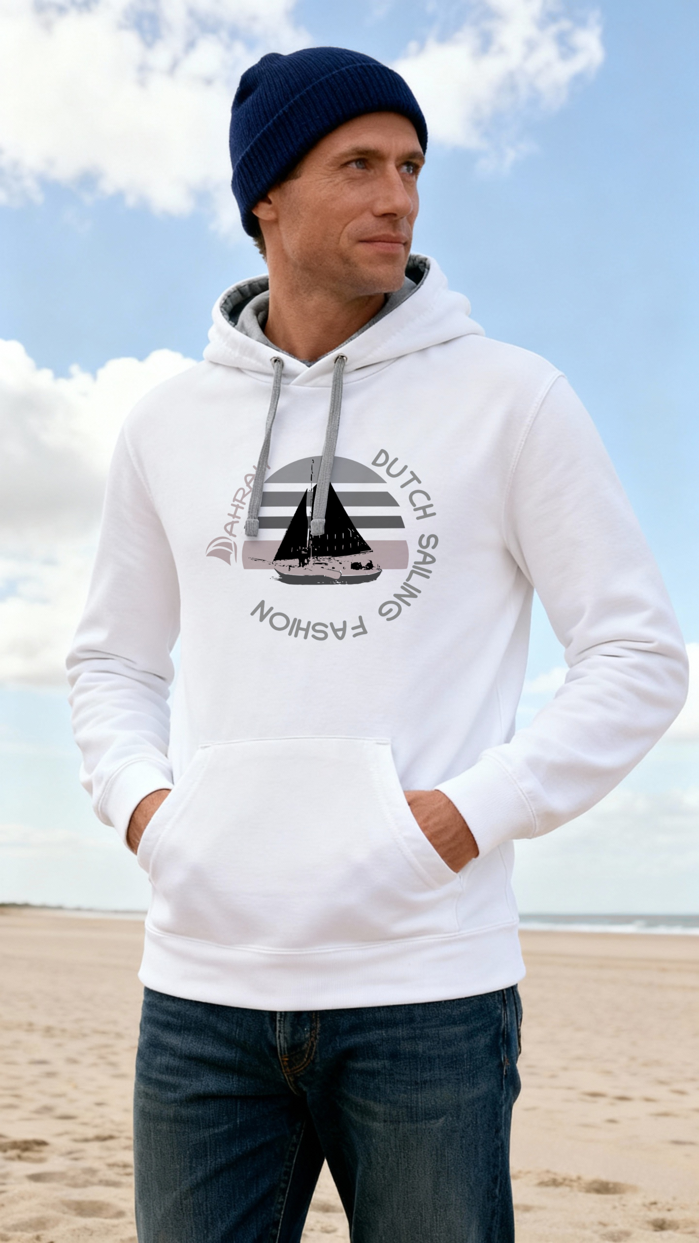 Unisex sailing hoodie with print of a Dutch traditional sailboat.