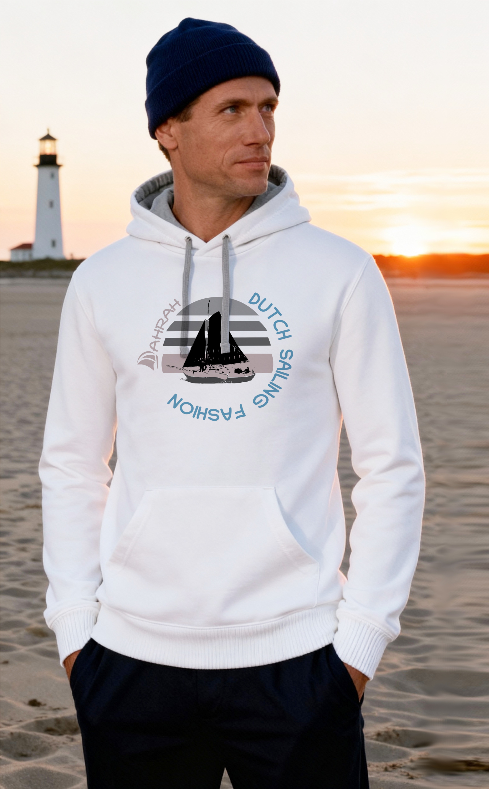 Unisex sailing hoodie with print of a Dutch traditional sailboat.