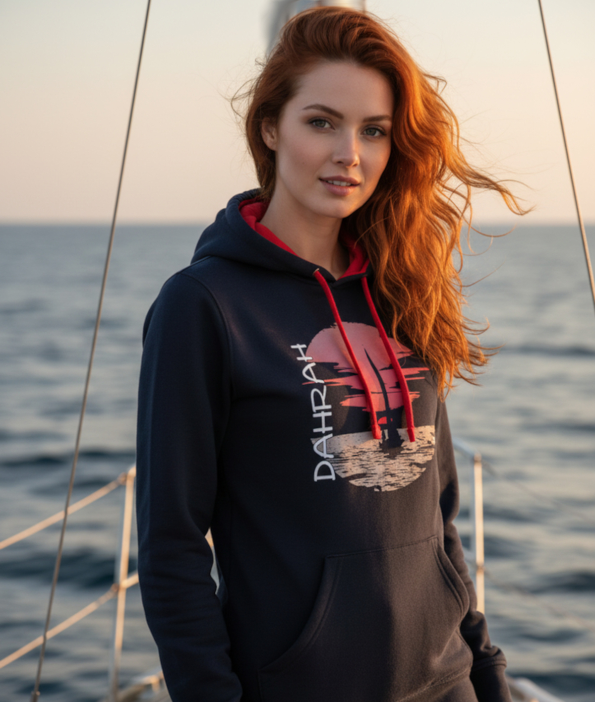 Sailing hoodie with sailing boat at sunset.