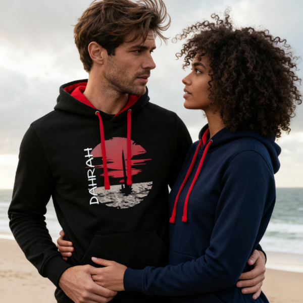 Sailing hoodie with sailing boat at sunset, nautical style.