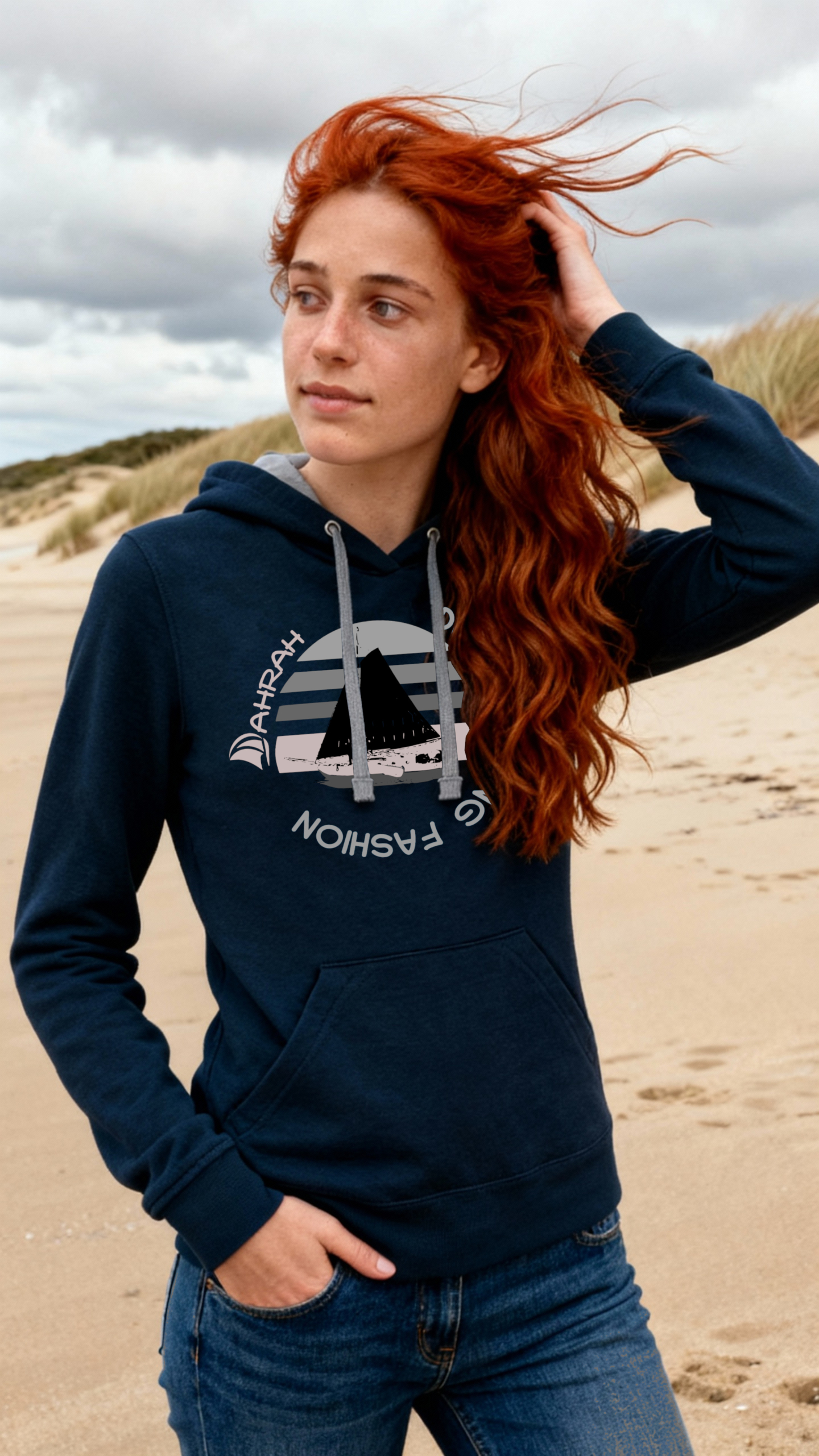 Unisex sailing hoodie with print of a Dutch traditional sailboat.
