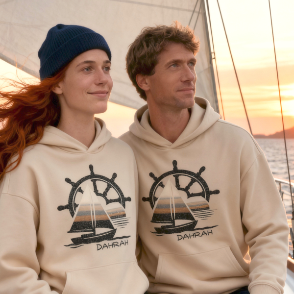 Skipper sailing hoodie with sailboat, boat helm and sunset.