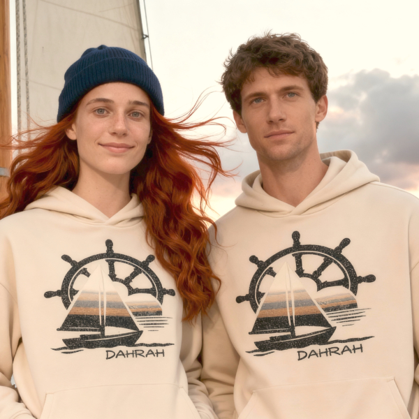 Skipper sailing hoodie with sailboat, boat helm and sunset.