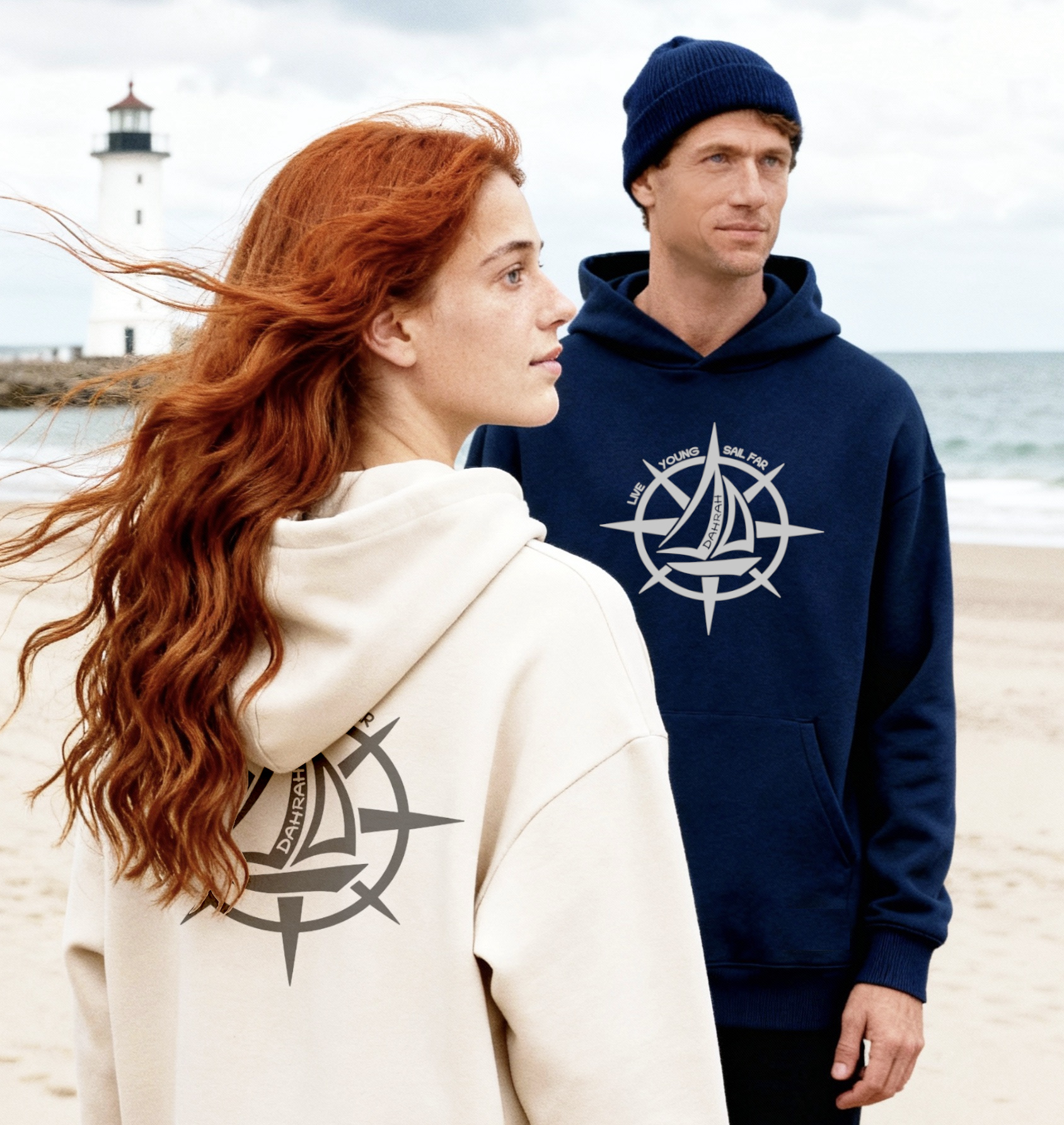 Oversized sailing hoodie with print of a wind rose and a sailboat. Unique and creative design for adventurous sailors and crews.