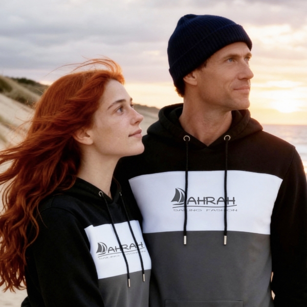 Unisex sailing hoodie with sailboat logo in three colors, nautical style.