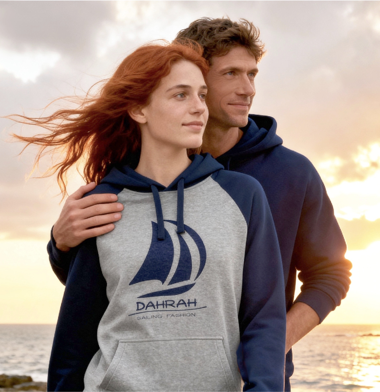 Sailing hoodie with print of Dahrah sailboat logo.
