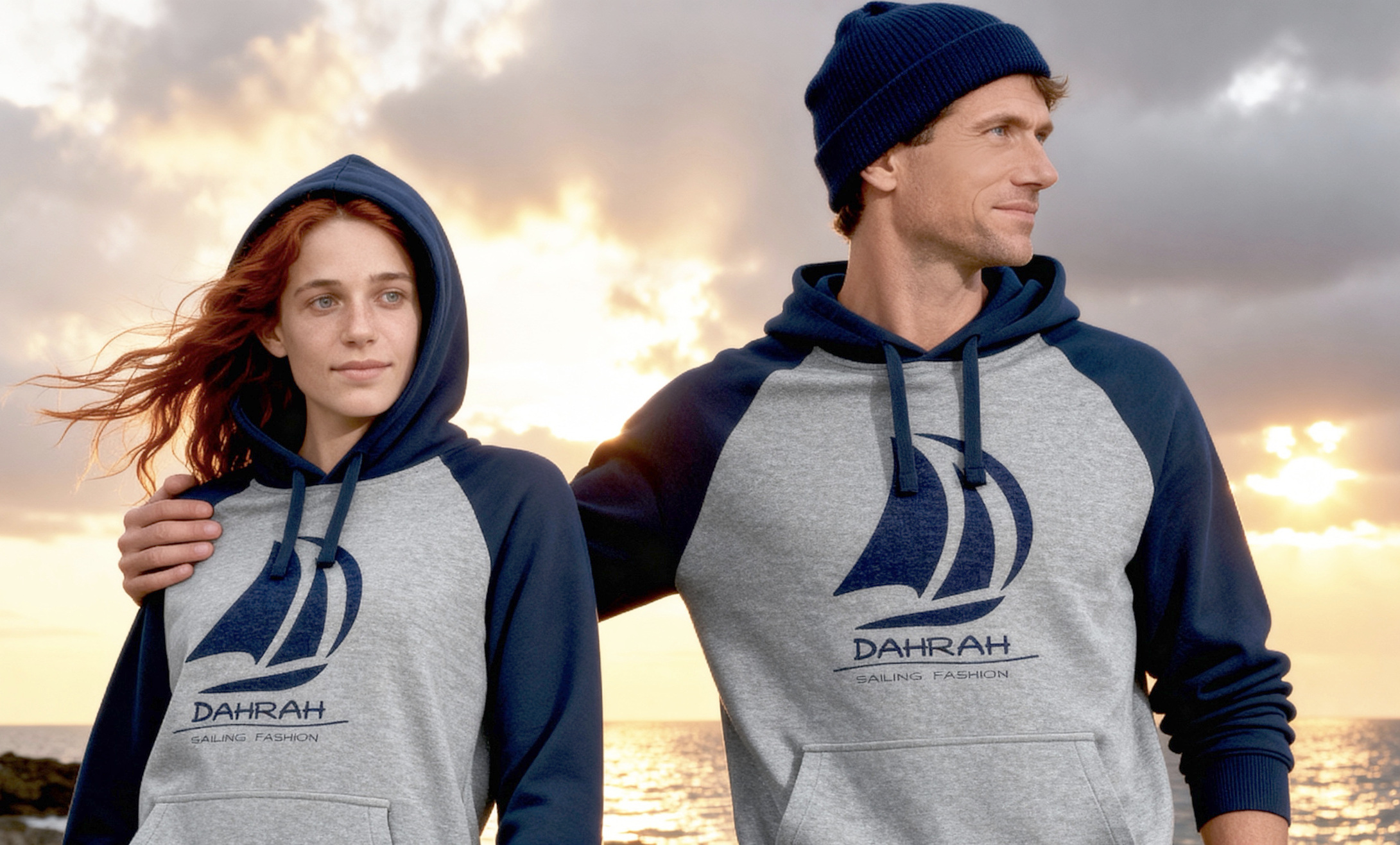 Sailing hoodie with print of Dahrah sailboat logo.