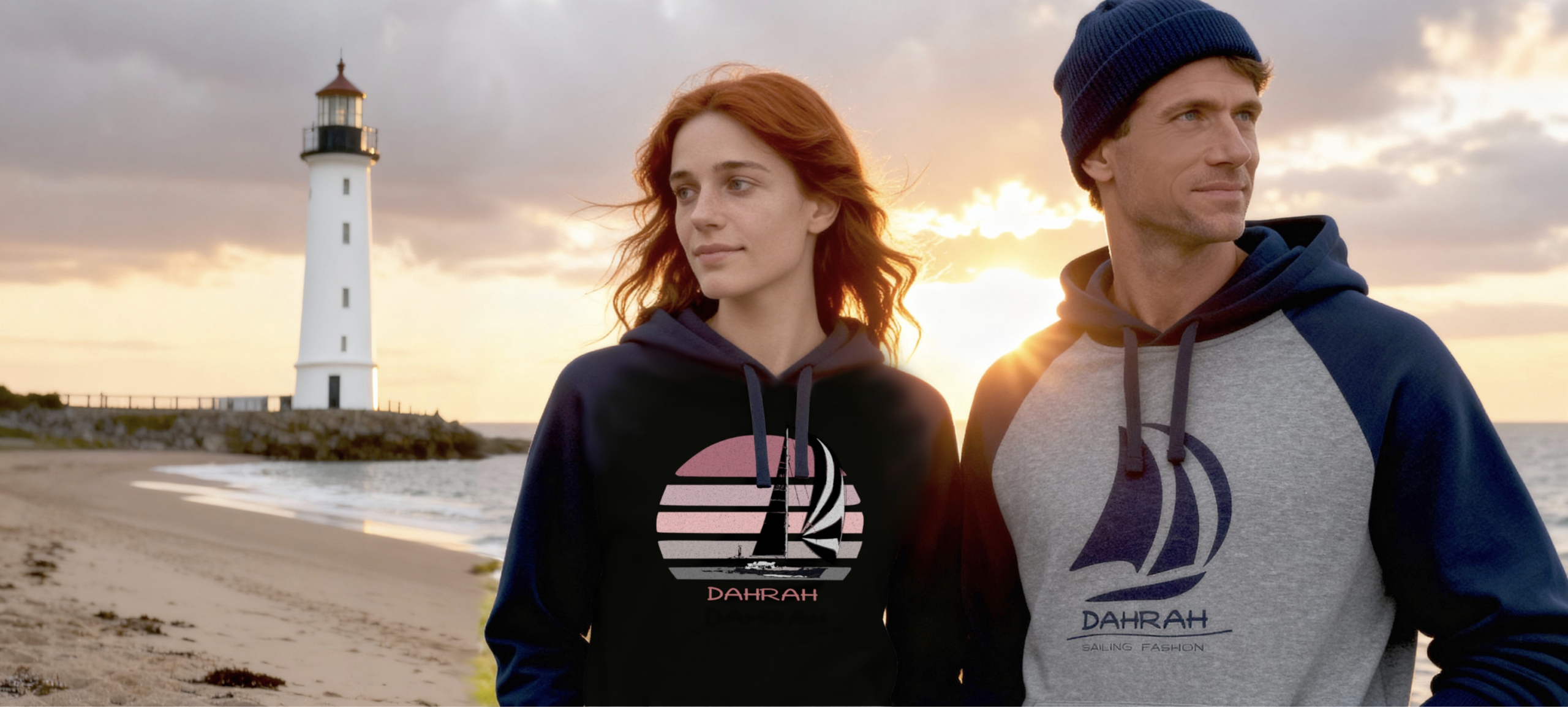 Nautical style organic sailing hoodies with sailboat by Dahrah Fashion.