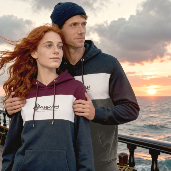 Unisex sailing hoodie with sailboat logo in three colors, nautical style, by Dahrah.