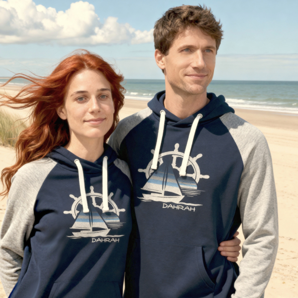 Sailboat hoodie with captain helm, sailboat and sunset by Dahrah, in grey and navy color and raglan sleeve.