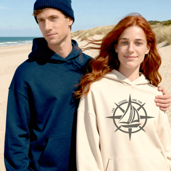Oversized sailing hoodie with print of a wind rose and a sailboat. Unique and creative design for adventurous sailors and crews.