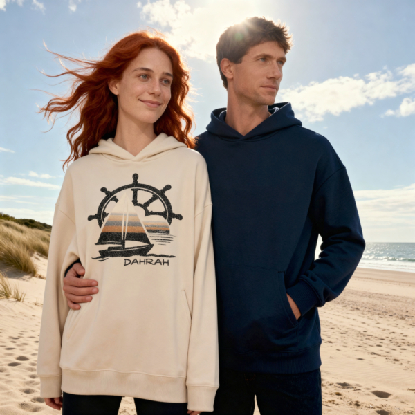 Skipper sailing hoodie with sailboat, boat helm and sunset.