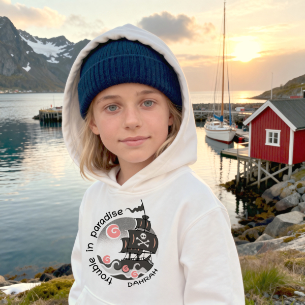 Sailing hoodie for children with print of a pirate ship, by Dahrah Sailing Fashion