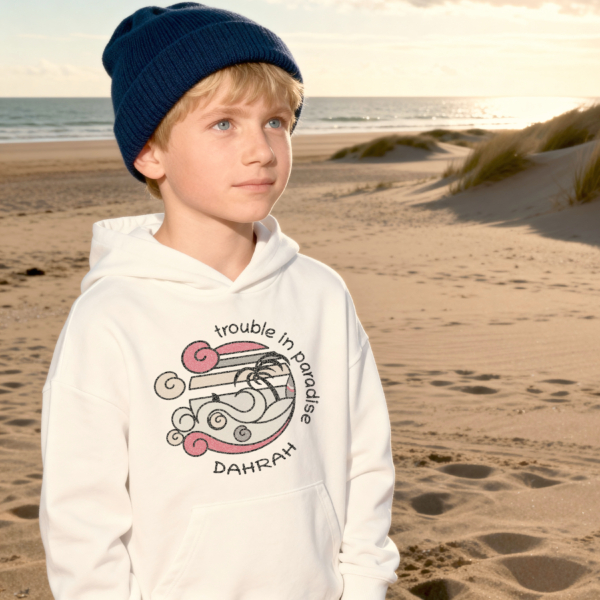 Sailing hoodie for children with surfing paradise print, by Dahrah Sailing Fashion. Creative organic designs for adventurous sailing children.
