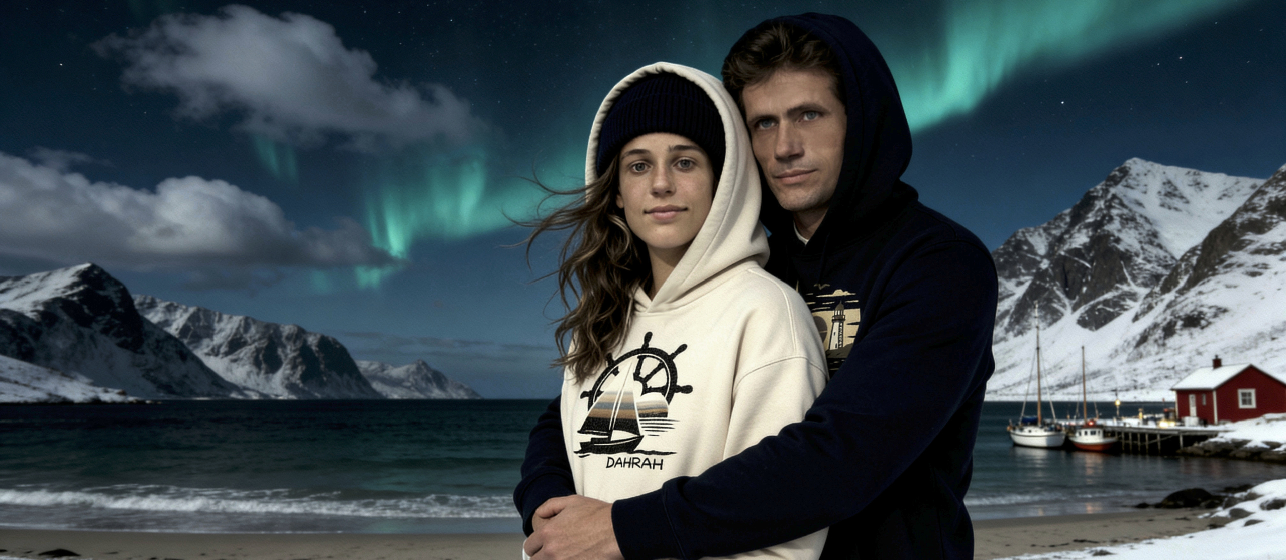 Nautisch inspirierte Bio-Segelhoodies mit Segelbootmotiv von Dahrah Fashion.
