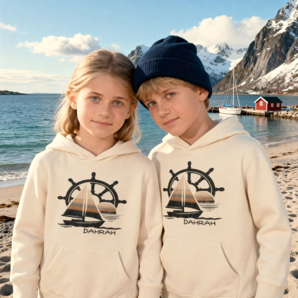 Sailing hoodie for children with helm of sailboat print, by Dahrah Sailing Fashion. Creative organic designs for adventurous sailing children.