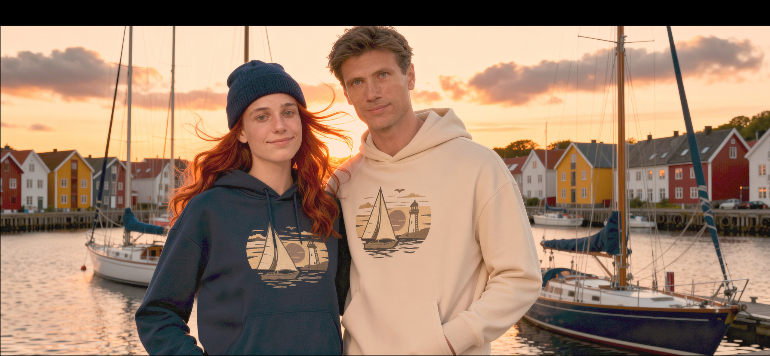 Nautical style organic sailing hoodies with sailboat by Dahrah Fashion.