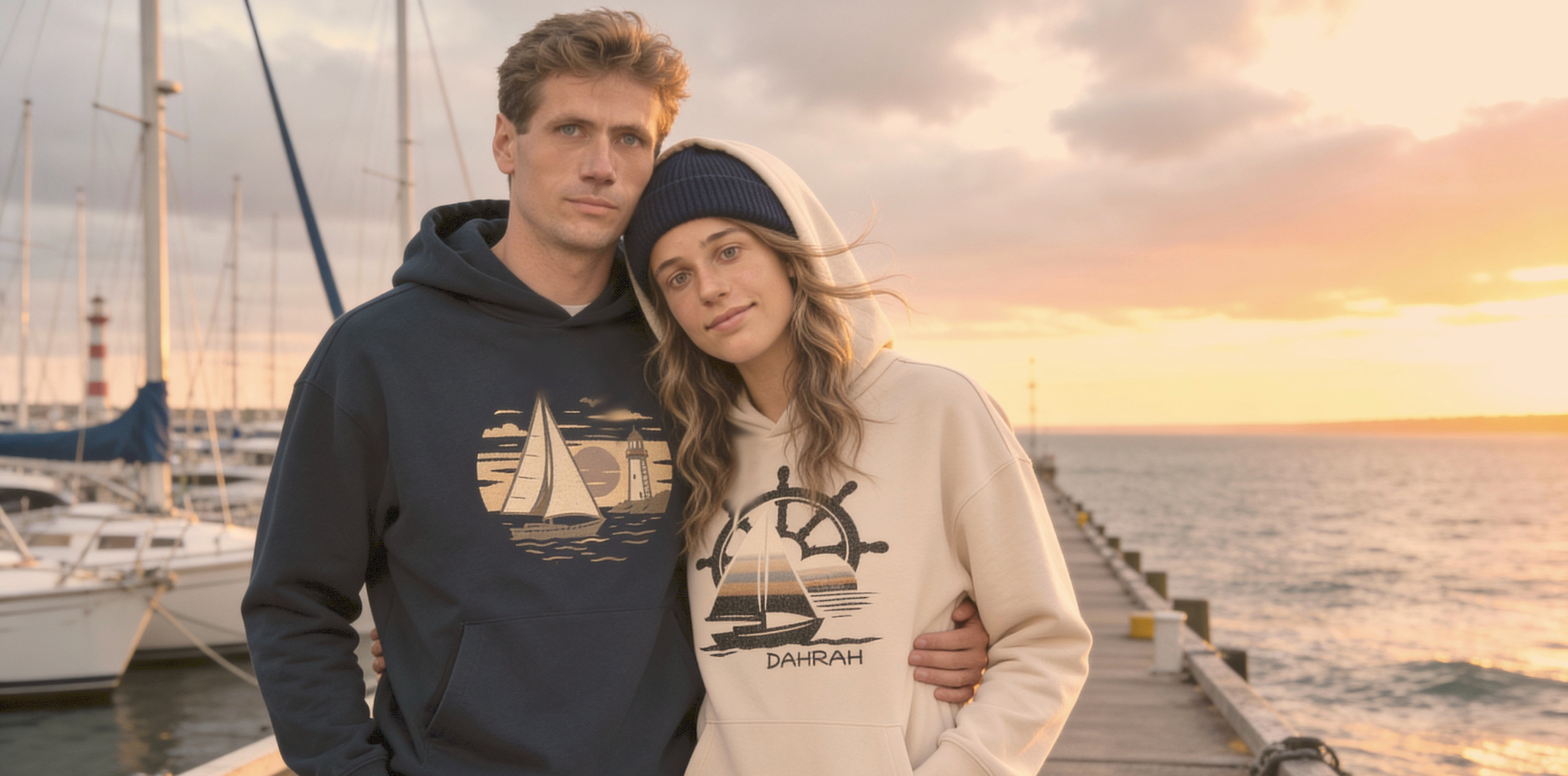 Nautical style organic sailing hoodies with sailboat by Dahrah Fashion.
