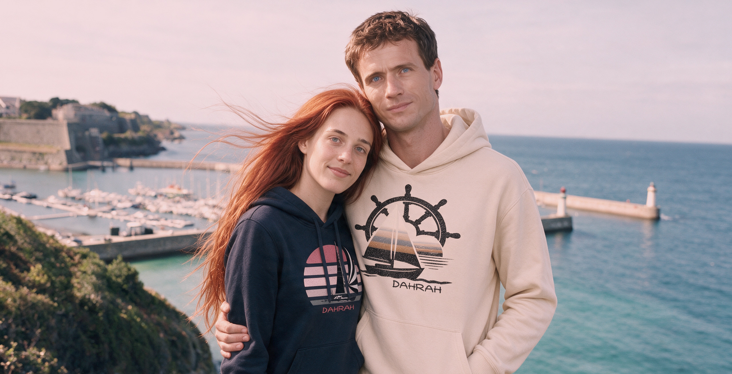 Nautical style organic sailing hoodies with sailboat by Dahrah Fashion.